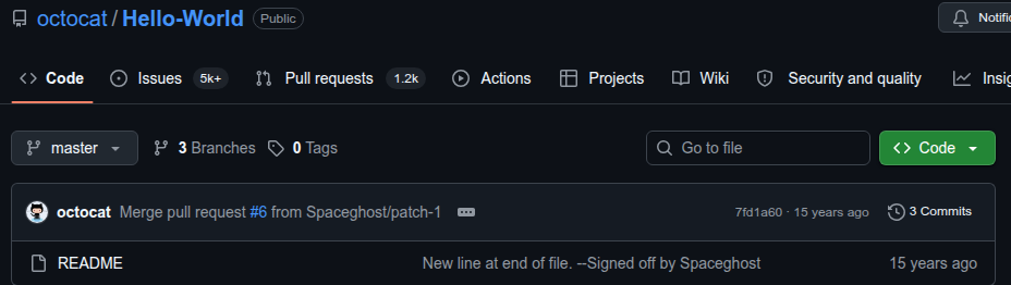 GitHub 의 octocat/Hello-World 저장소 실제 화면